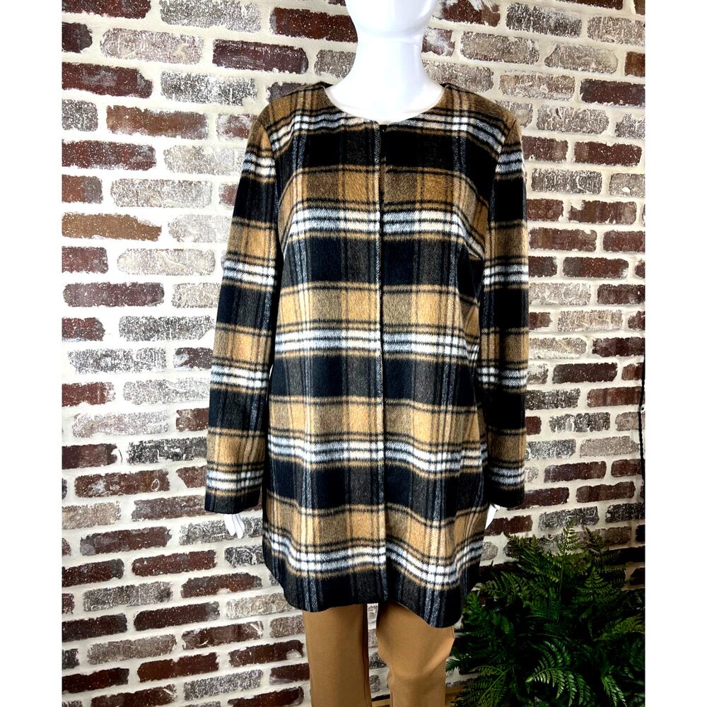 Elle Plaid Collarless Mid Length Hook & Eye Closure Preppy Women's Size L